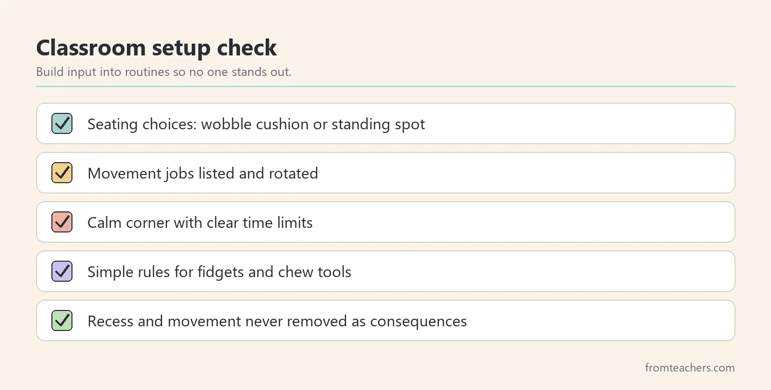 Checklist of classroom environment changes that support students with sensory seeking behavior