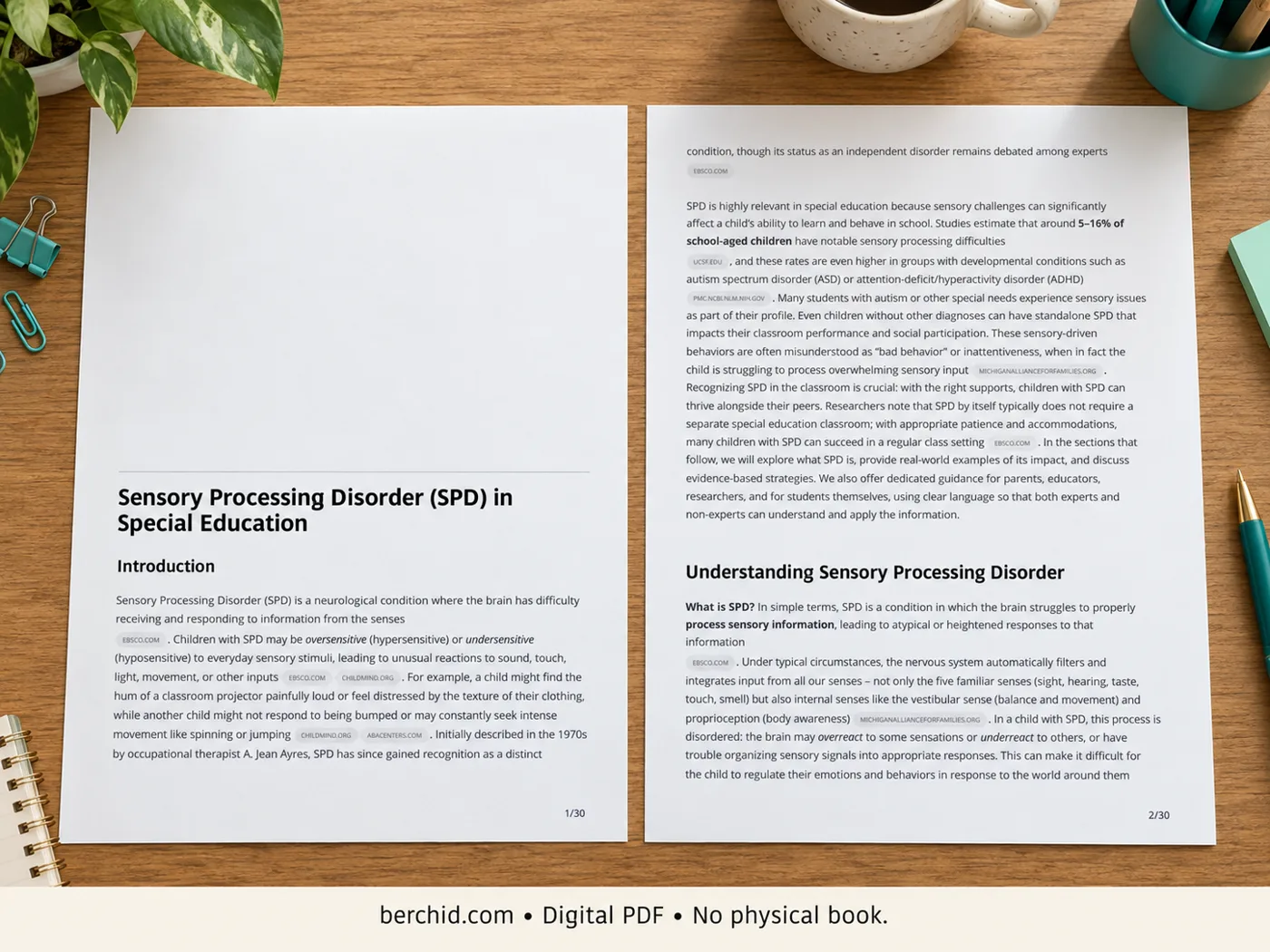 Sensory Processing Disorder in Special Education guide shown as printed pages on a desk