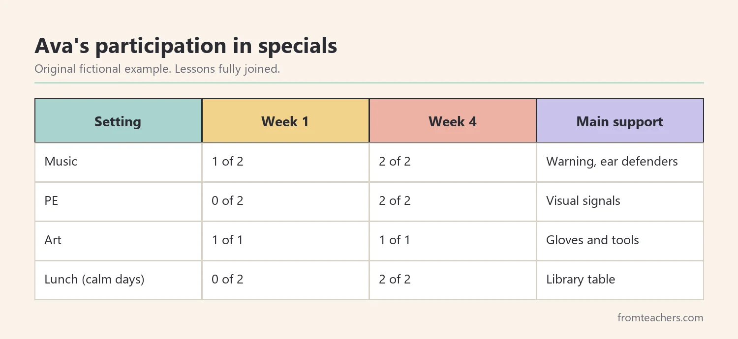 Data table of a fictional grade 3 student participation in specials before and after sensory supports
