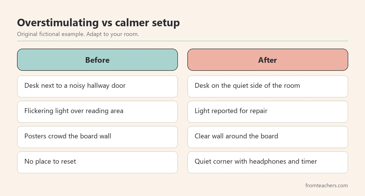 Comparison of an overstimulating classroom setup and a calmer sensory-friendly setup