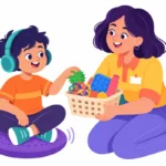 sensory tools for autism illustration showing a boy wearing headphones sitting on a wobble cushion while a teacher offers him a basket of fidget tools