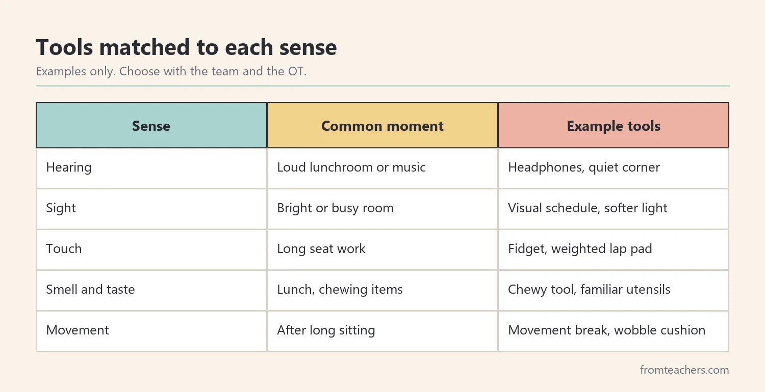 Table matching five sensory systems to a common classroom moment and example sensory tools
