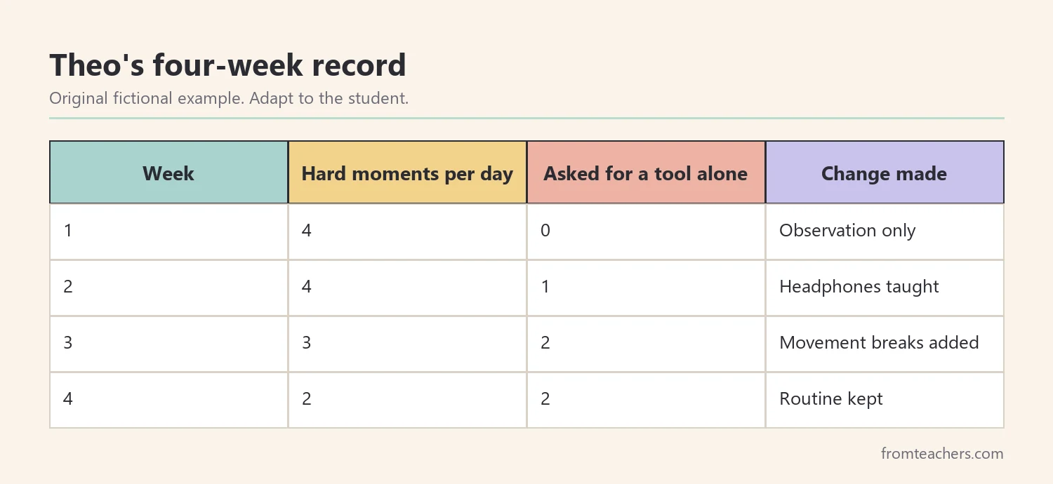 Table of four weeks of fictional data showing hard moments per day and times the student asked for a tool on his own