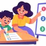 Illustration for severe working memory deficits: a boy checking off steps on a small checklist card at his desk while a teacher points to numbered steps on the board