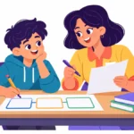 Illustration of a teacher reviewing a feedback form beside a grade 6 student working with a graphic organizer