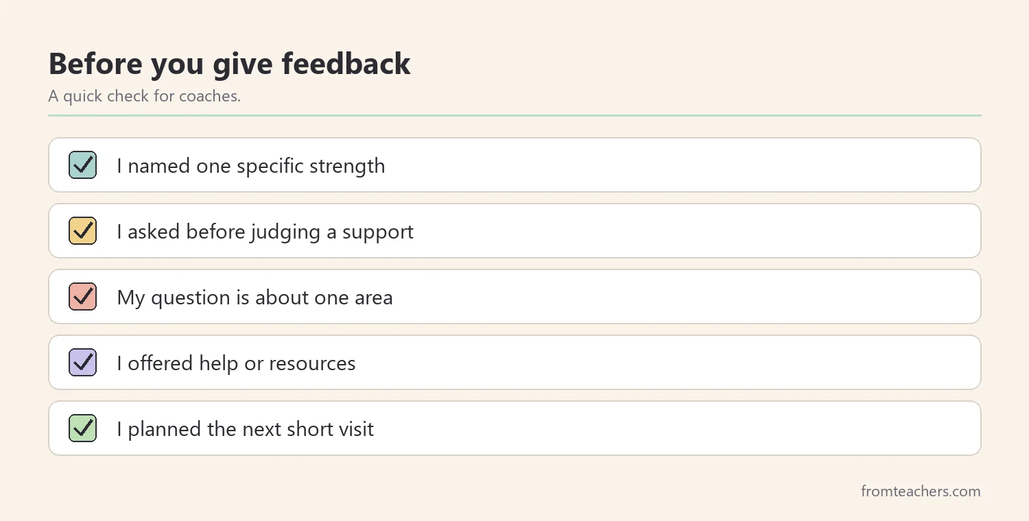 Checklist of five steps before giving feedback after looking for signs of a well-run classroom