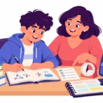 Illustration of a teenage boy at a desk with a checklist while his mother sits beside him with a timer