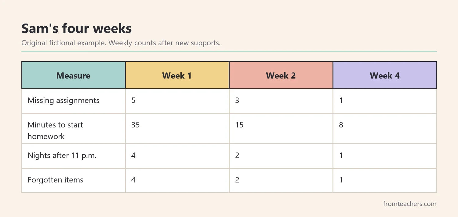 Data table of a fictional tenth grader's missing assignments, minutes to start and late nights over four weeks