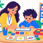 Illustration of a first grade teacher noticing signs of phonics difficulty while a boy sounds out a word