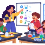 Illustration of a middle school science teacher pointing to numbered lab steps on the board for a student
