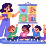 Illustration for simple classroom rules: a teacher pointing to a colorful rules poster while young students sit on a carpet