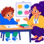 Illustration for simple social scripts: a boy at his desk raising his hand and talking with a smiling teacher while a speech bubble poster hangs on the wall