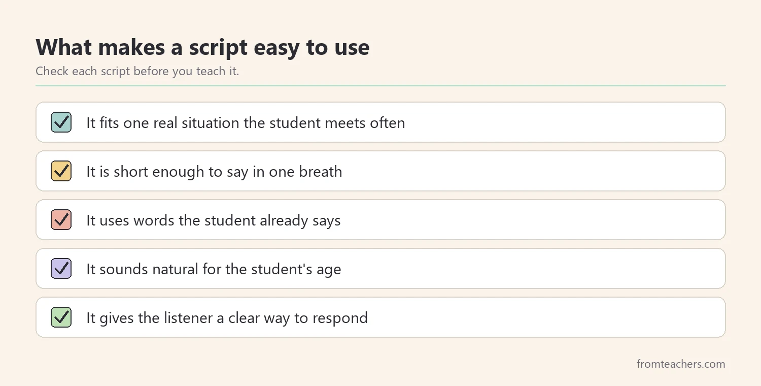 Checklist of five qualities of an easy-to-use social script, from fitting a real situation to giving the listener a clear way to respond
