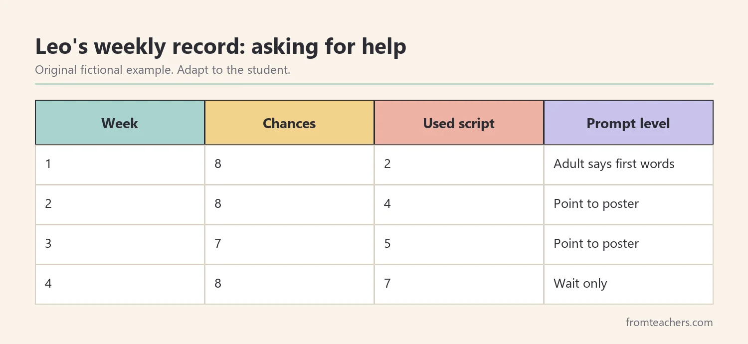 Four weeks of fictional data for one student showing chances, scripts used, and prompt level for asking for help