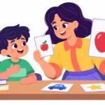 Illustration for the size of emotions: a boy holding his hand on his chest while a teacher shows him two picture cards