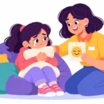 Illustration for size of feelings: a girl sitting in a cozy calm corner squeezing a pillow while a teacher kneels beside her holding a feelings card