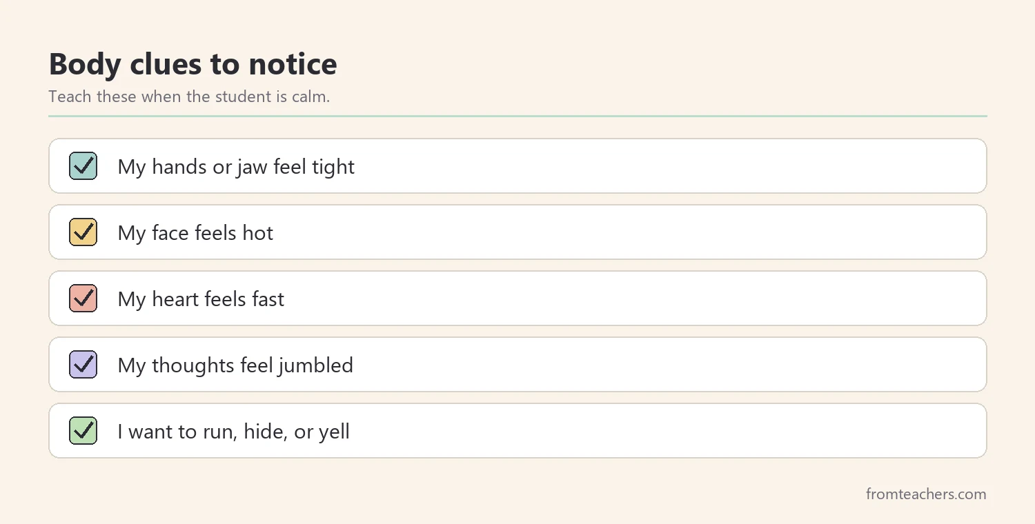 Checklist of five body clues students can notice, such as tight hands, hot face, fast heart, jumbled thoughts, and wanting to run or yell