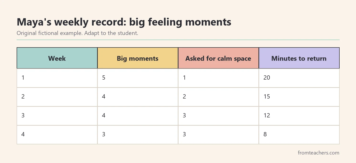 Four weeks of fictional data showing big feeling moments, times the student asked for the calm space, and minutes to return to work