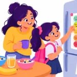 Illustration of a parent and a seven-year-old girl adding a sticker to a sleep and energy chart on the fridge