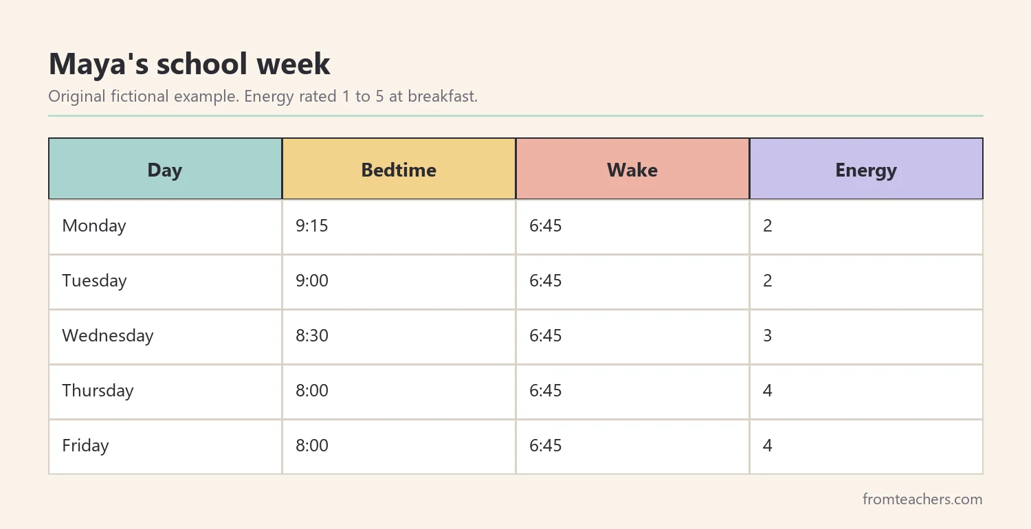 Data table of a fictional seven-year-old's bedtime, wake time and morning energy over one school week