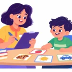 SLP progress monitoring illustration showing a speech therapist sitting across from a boy with picture cards while marking a progress sheet