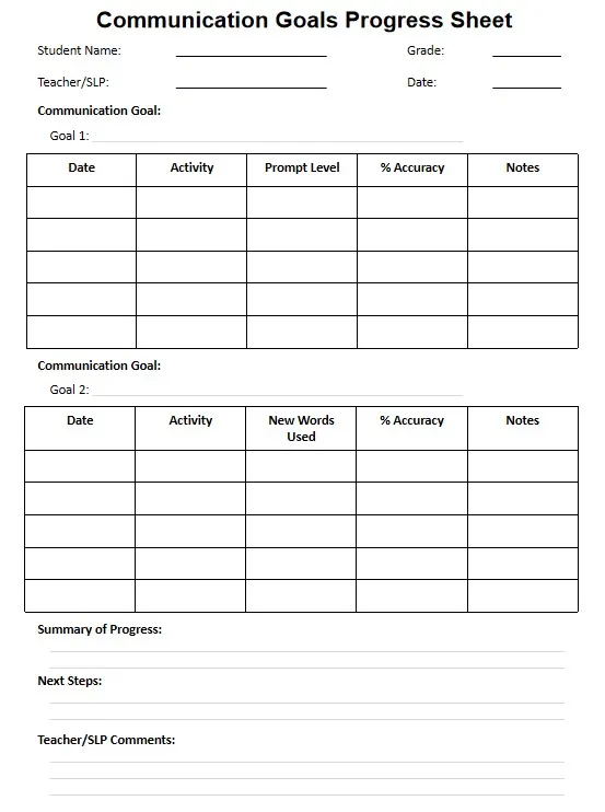 SLP progress monitoring printable pages preview