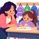 Illustration of a first grade teacher and a child placing a star sticker on a simple goal card
