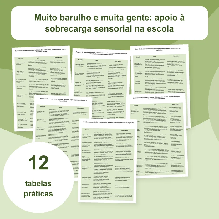 Capa do material Sobrecarga sensorial escolar, com 12 tabelas práticas