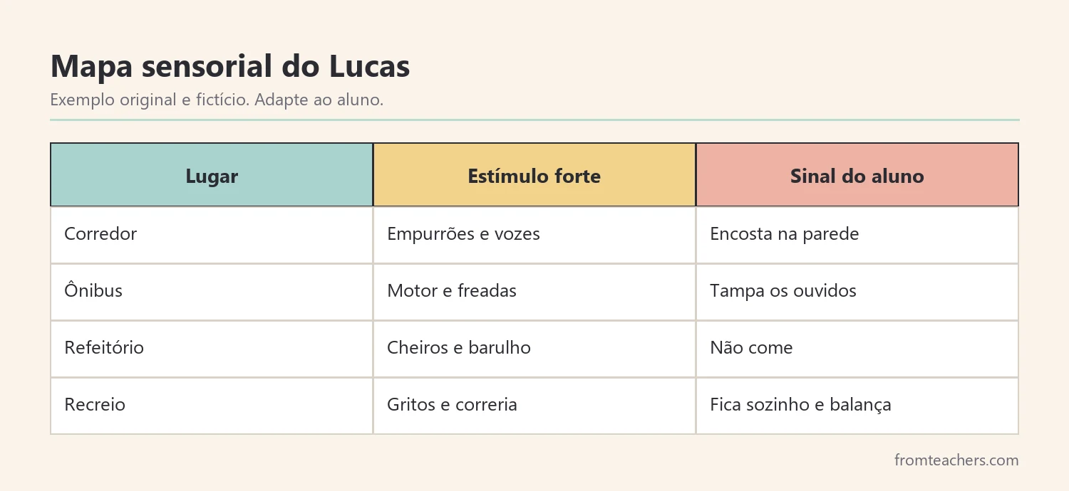 Tabela fictícia com lugares da escola, estímulos fortes e sinais do aluno
