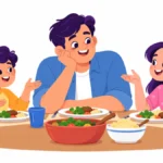 Illustration of a family dinner where a father listens as his young son and daughter take turns talking