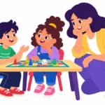 Illustration for social problem solving: two students at a table talking calmly with a teacher about a shared game