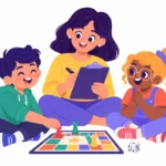 Illustration for social skills checklist: a speech therapist holding a clipboard while watching two kids take turns with a board game