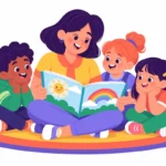 Illustration for social stories for students: a teacher sitting on a reading rug with three young children looking at a picture book social story together