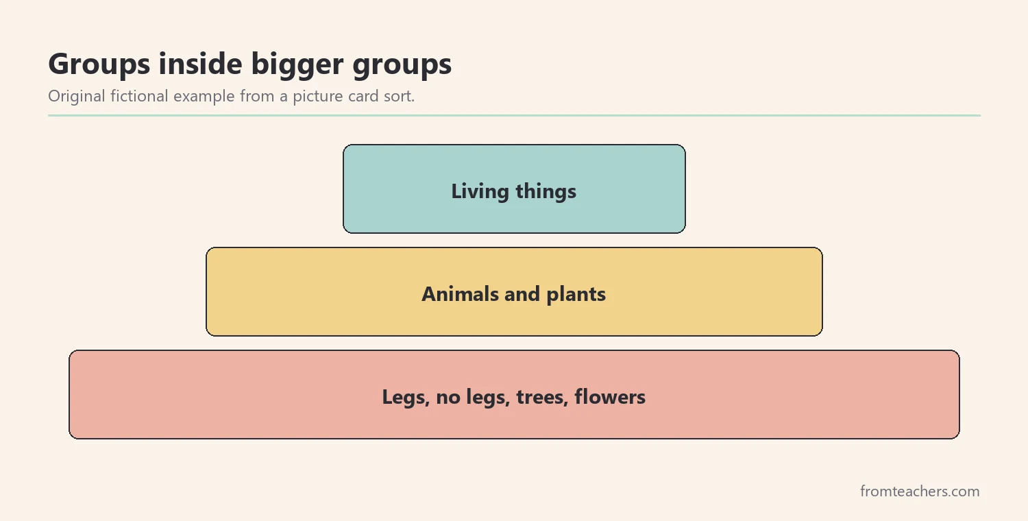 Pyramid with living things at the top, animals and plants in the middle, and smaller groups such as animals with legs at the base