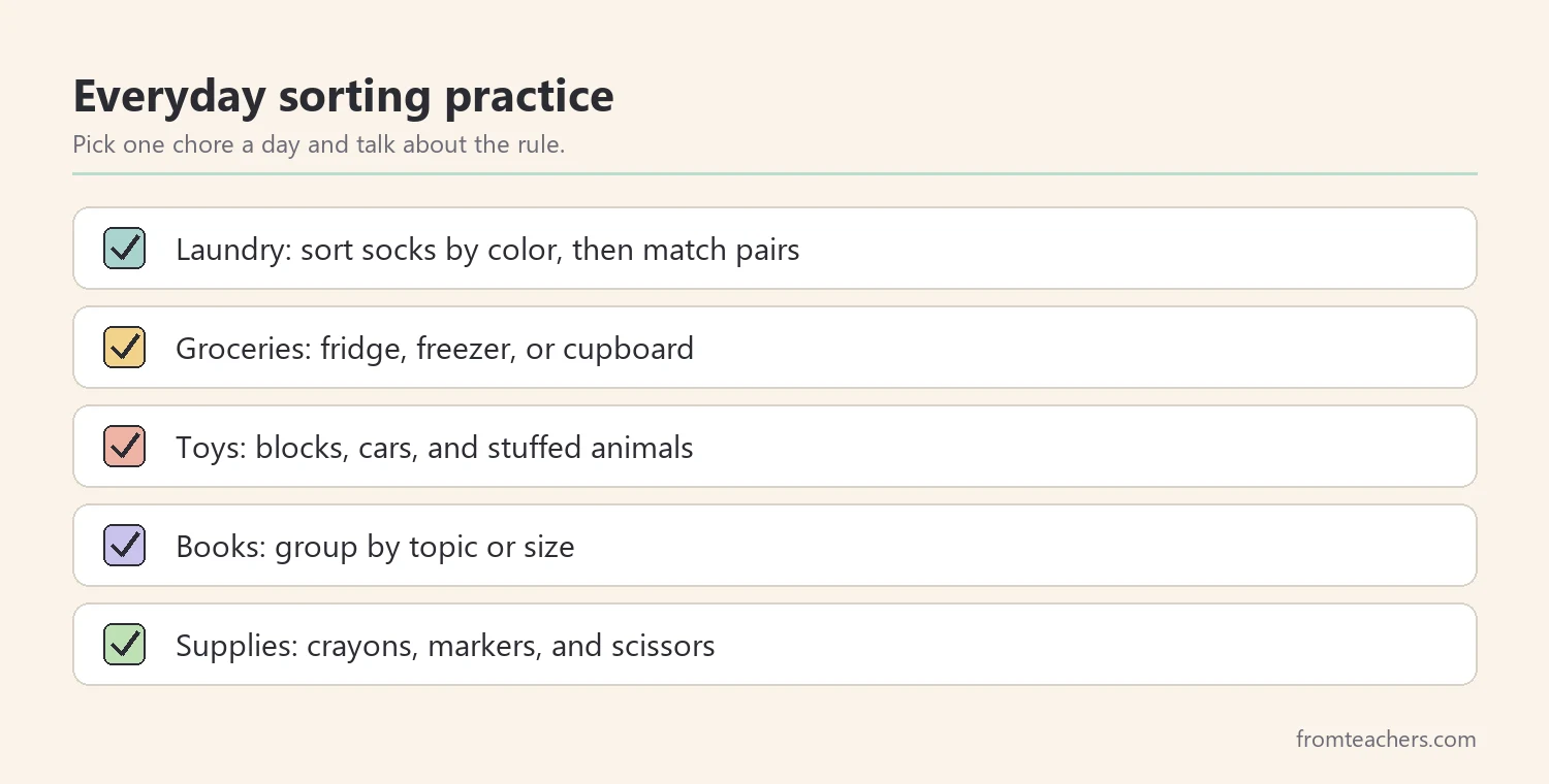 Checklist of everyday organizing tasks that build sorting skills at home and school