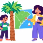 Illustration for South Carolina facts: a boy standing beside a tall paper palmetto tree while a teacher points at Charleston on a coastal map