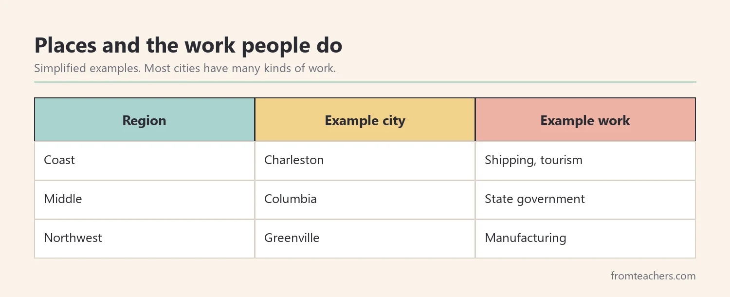 Table matching coastal, middle, and northwest places in South Carolina to example cities and kinds of work