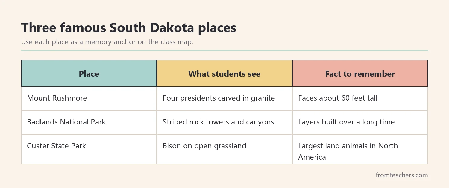 Three famous South Dakota places: Mount Rushmore, Badlands National Park, and Custer State Park
