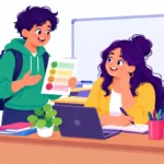 Illustration of a high school student calmly talking with a teacher after class about a support in his plan