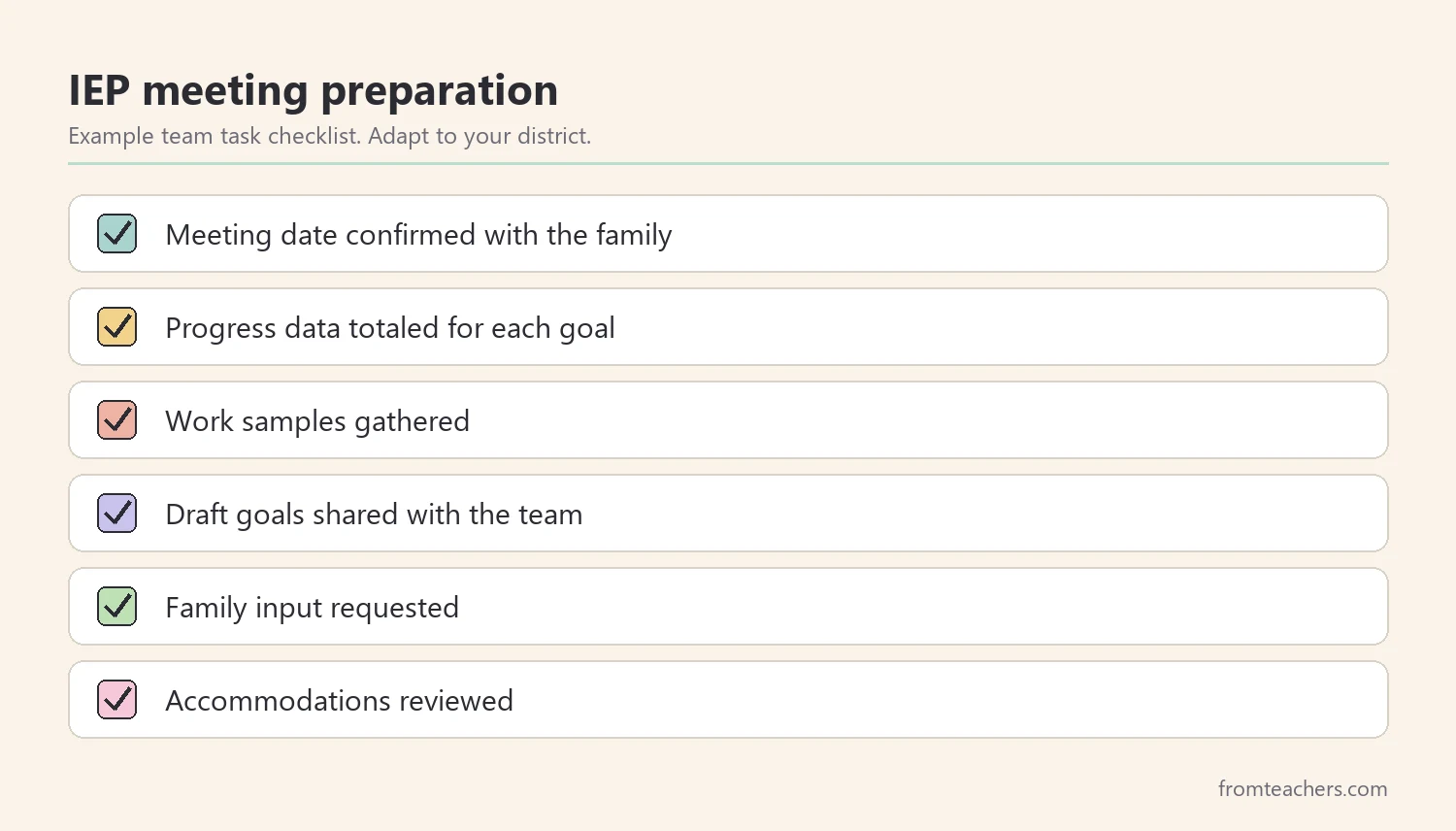 Checklist of IEP meeting preparation tasks for a special education team