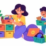 Illustration for special education classroom setup: a teacher arranging labeled bins and a small calm corner in a bright classroom while a student helps