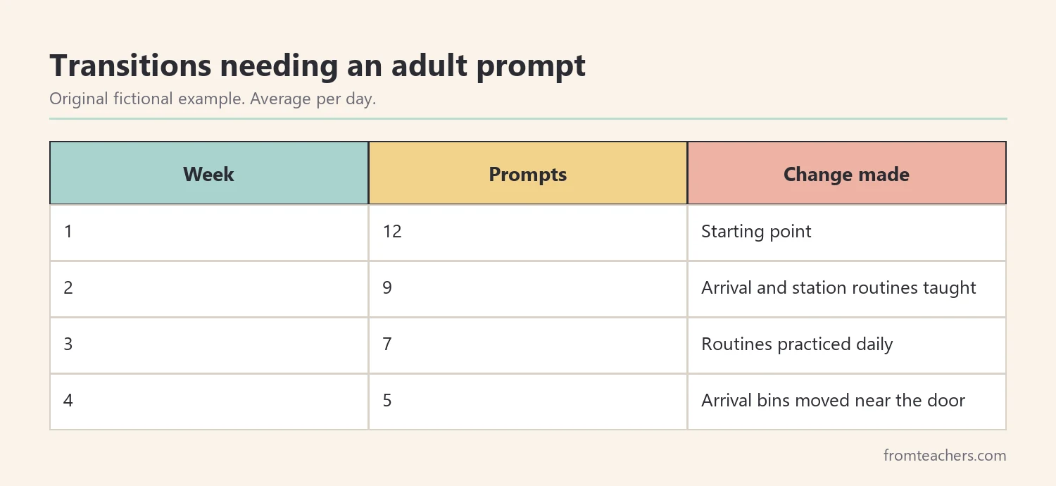 Four weeks of fictional data showing daily transitions that needed an adult prompt dropping from twelve to five