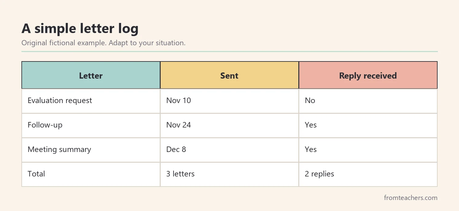 Table of a fictional parent's letter log with dates sent and replies