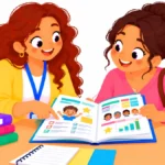 Illustration for special education magazines: a teacher and a parent flipping through a bright magazine together at a small table in a classroom