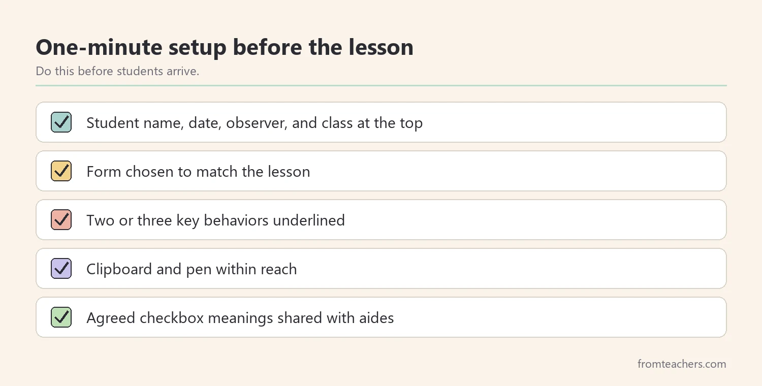 Checklist of quick setup tasks before observing a student during a lesson