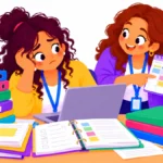 Illustration for special education planning time: a tired special education teacher at a desk covered with IEP folders and a laptop while a colleague offers a helpful calendar