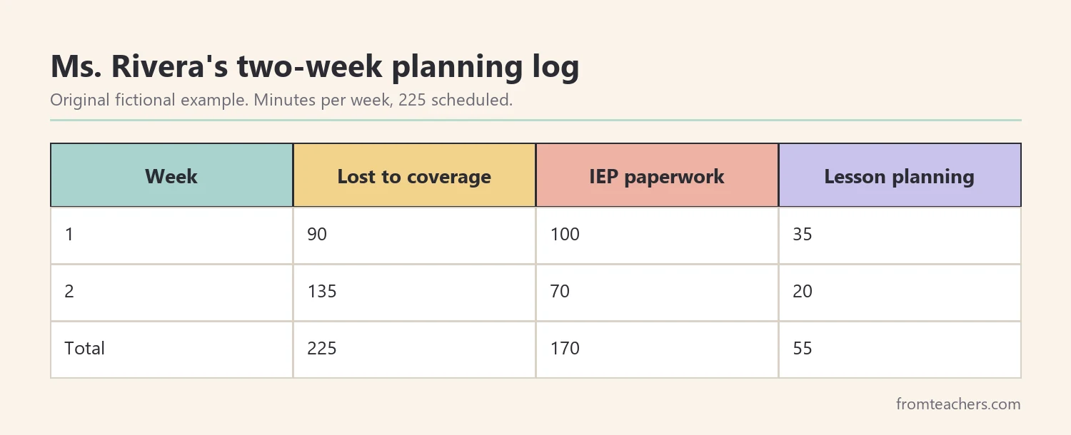 Table of a fictional teacher's two-week log of planning minutes lost, used for paperwork, and used for lessons