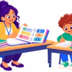 Illustration for special education strategy tables: a teacher at a desk choosing a strategy page from an open binder