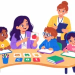 Illustration of a young teacher candidate leading a phonics lesson at a small table while a supervisor takes notes