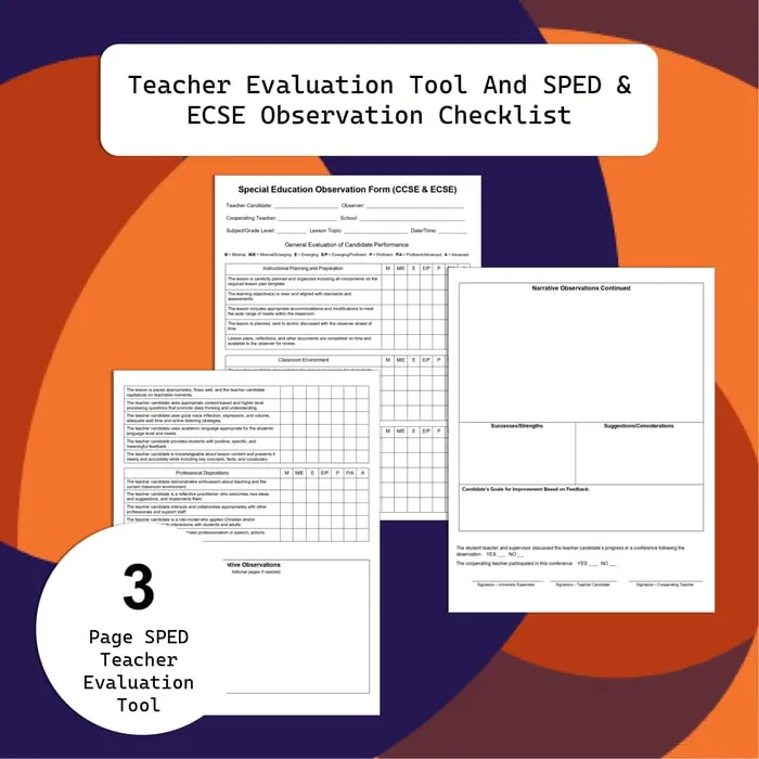 Cover of a three page SPED teacher evaluation tool and ECSE observation checklist